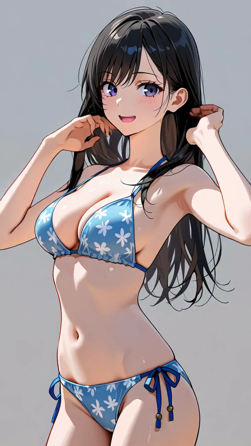 紫色の瞳と艶やかな黒髪が印象的な美少女のアニメ調イラストです。白い花柄が入った青いビキニウェアを身につけ、柔らかい笑顔で振り返る姿が爽やかに描かれています。