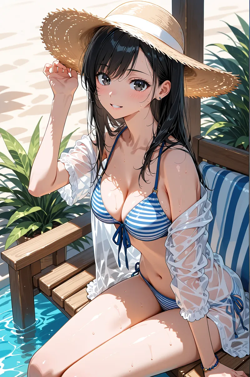 爽やかな麦わら帽子を被った黒髪の美少女が、プールサイドで笑顔を浮かべています。青と白のストライプ柄の水着に白いシースルーの羽織りを合わせた、夏らしいおしゃれなアニメ調イラストです。