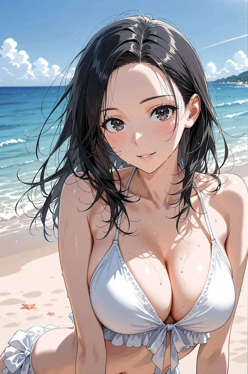 晴天のビーチで、白いビキニ姿の黒髪の女性がカメラに向かって微笑んでいます。波打つ海と砂浜を背景に、爽やかな夏の空気感漂うアニメ調イラストです。
