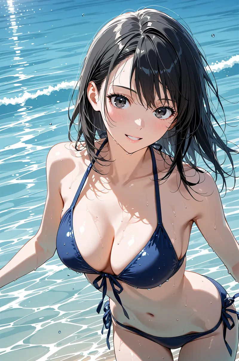 紺色の水着姿で波打つ海に浮かぶ黒髪の美少女。日差しを受けて輝く肌と清涼感あふれる表情が、夏の思い出を彩るアニメ調イラスト。