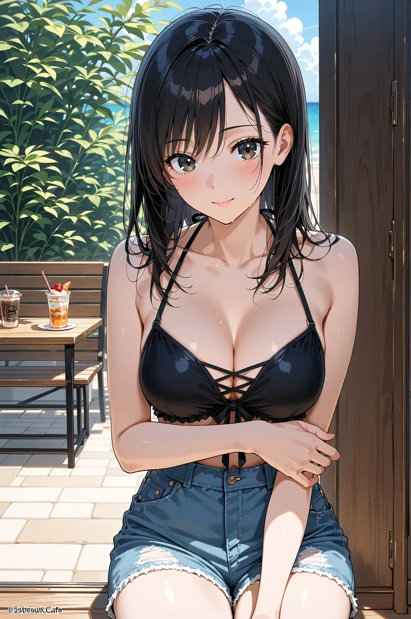 青い海と緑の植物が背景の開放的なテラスで、黒髪の長い美少女が穏やかな表情で佇んでいます。爽やかな日中の光に照らされた清楚なアニメ調イラストです。