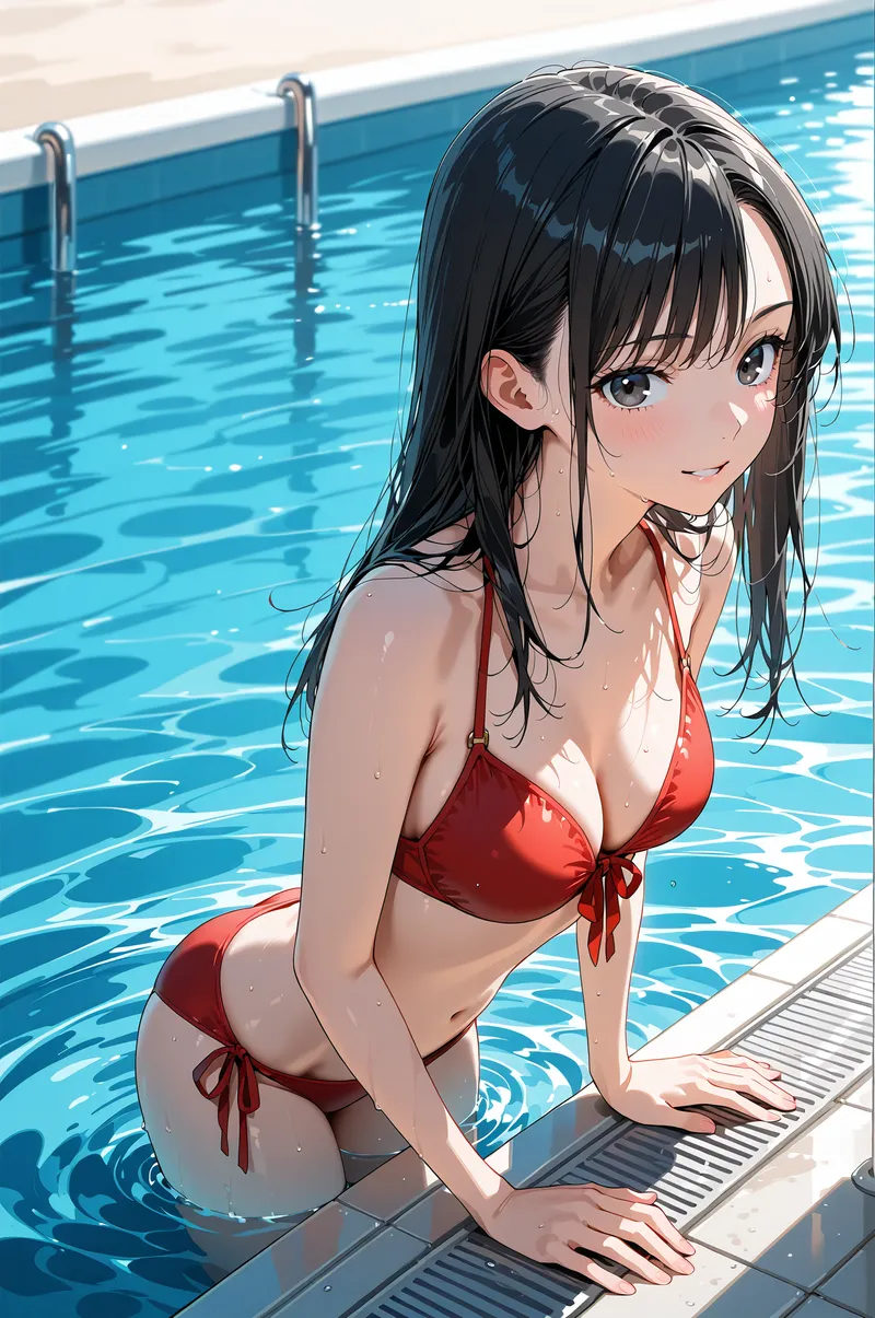 青く輝くプールの水辺で、赤い水着姿の黒髪の少女が柔らかな笑みを浮かべています。日差しに映える肌と濡れた髪の質感、清潔感あふれる夏のアニメ調イラストです。