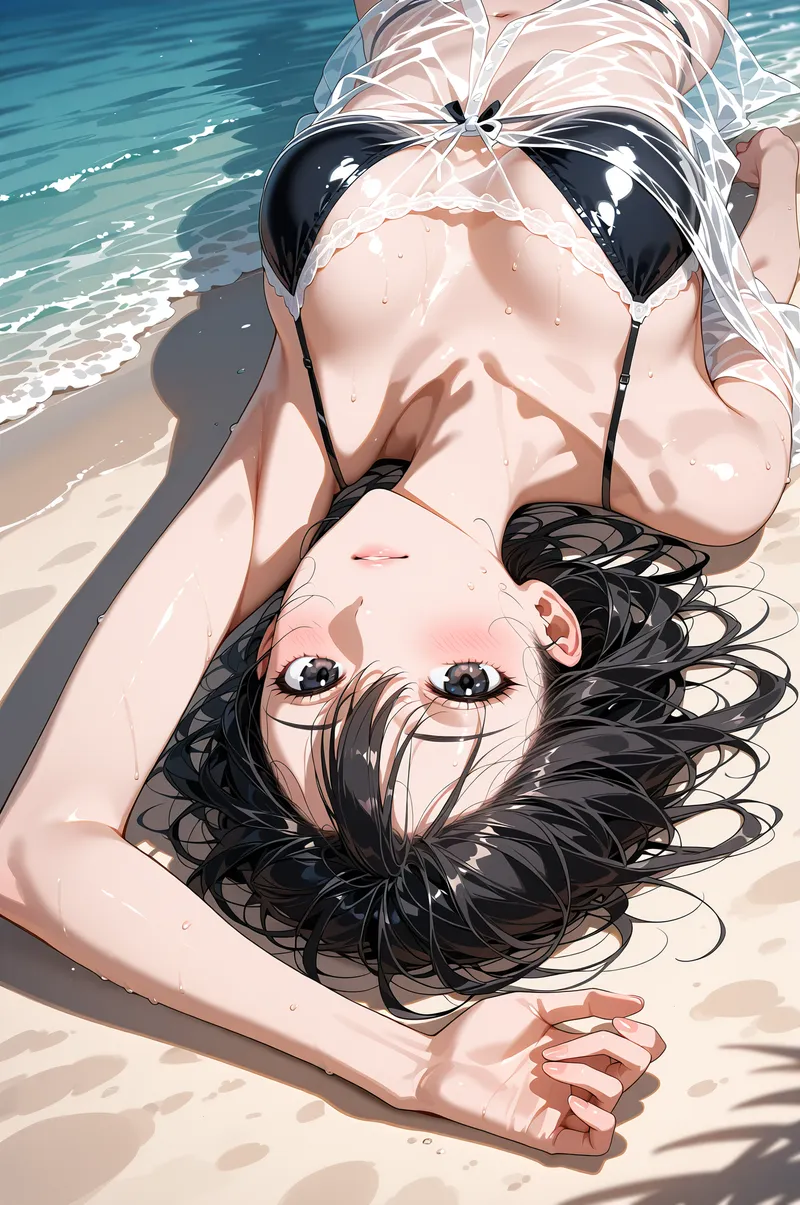 砂浜に仰向けに寝転ぶ黒髪の少女が、爽やかな笑顔を浮かべています。透明感のある肌と黒いビキニ、波打つ海を背景にした開放的な構図で、夏の日差しが心地よく照らす季節感あふれる一枚です。