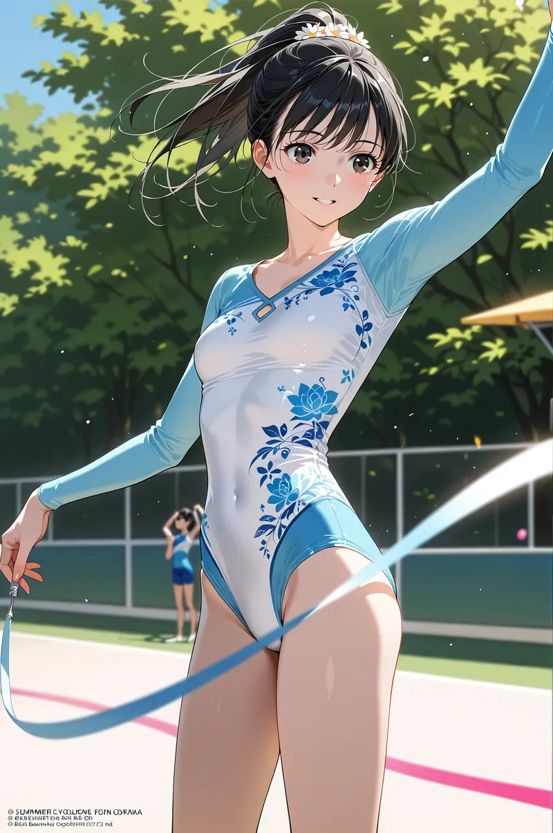 青と白の花柄が施された衣装を身にまとい、屋外のテニスコートで爽やかな笑顔を見せる少女のイラストです。緑の木々と日中の明るい光が背景に映り込み、活発で清々しい雰囲気が表現されています。