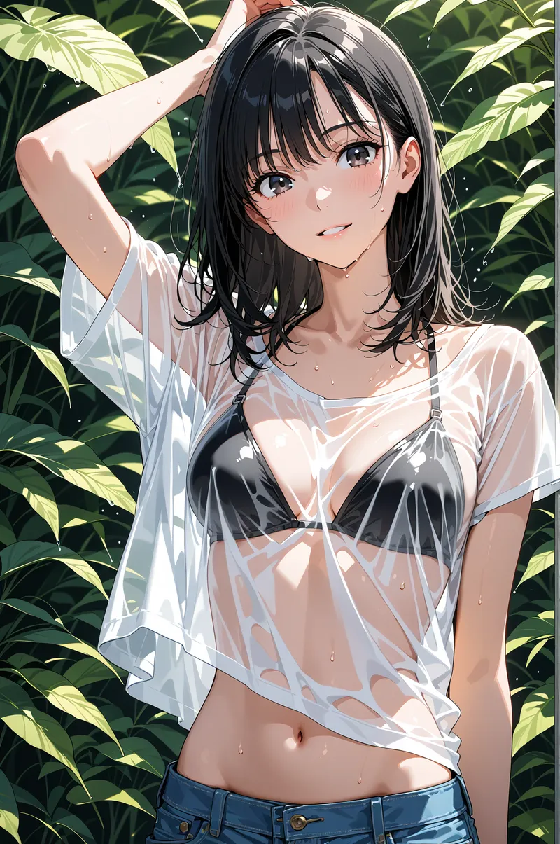 アニメ調の美しい黒髪ロングヘアの少女が、生い茂る緑の葉を背景に爽やかな笑顔を見せるポートレートイラストです。白いシャツと濃紺のボトムスを合わせた清楚な装いで、髪を優雅にかき上げるポーズが自然な魅力を引き出しています。