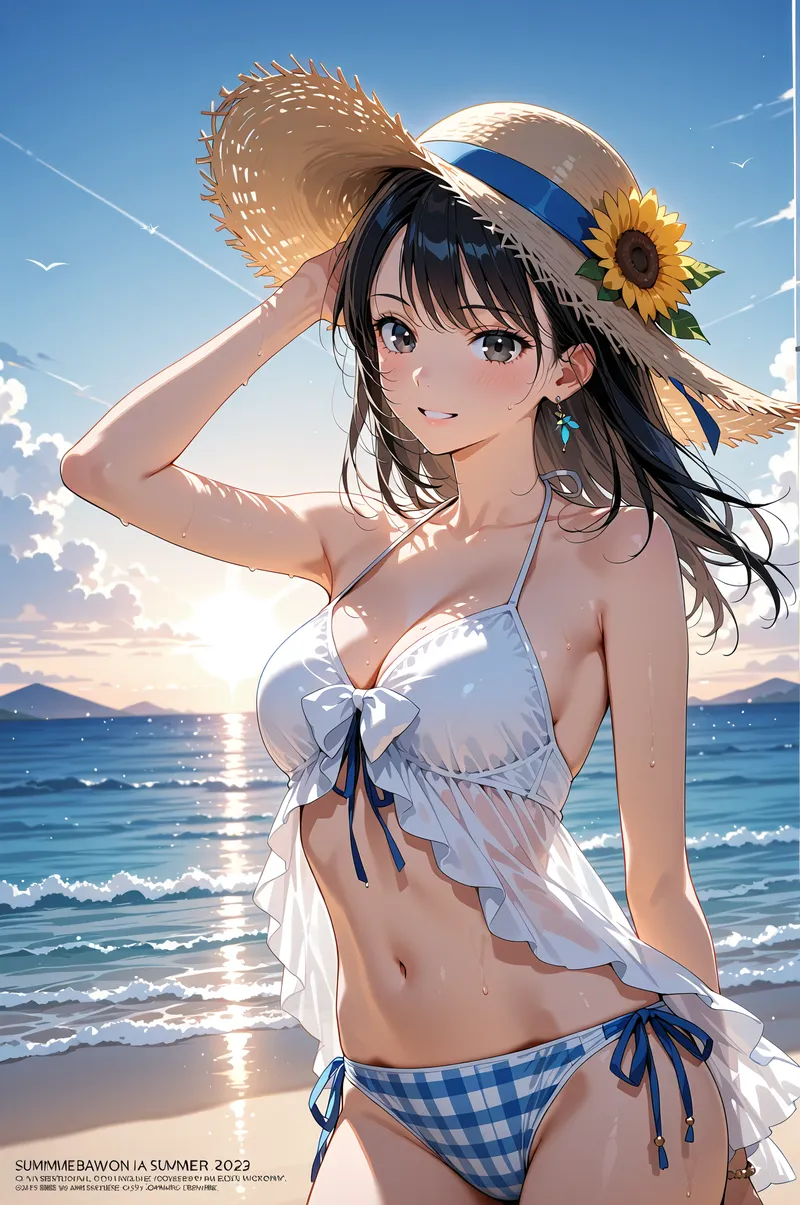 青い空と海を背景に、麦わら帽子を被りひまわりを飾った黒髪の少女が、爽やかな表情で立つ夏のイラスト。白とブルーのビキニと無地のシャツが、海辺でのリラックスした雰囲気を演出しています。