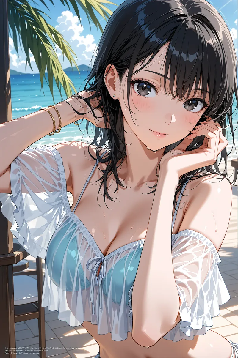 青い海と椰子の木に囲まれたビーチシーンで、黒髪の美少女が穏やかな笑顔を浮かべるアニメ調イラストです。爽やかな白のレースドレスと金色のアクセサリーが、南国の日差しに映える優雅なポートレート作品。