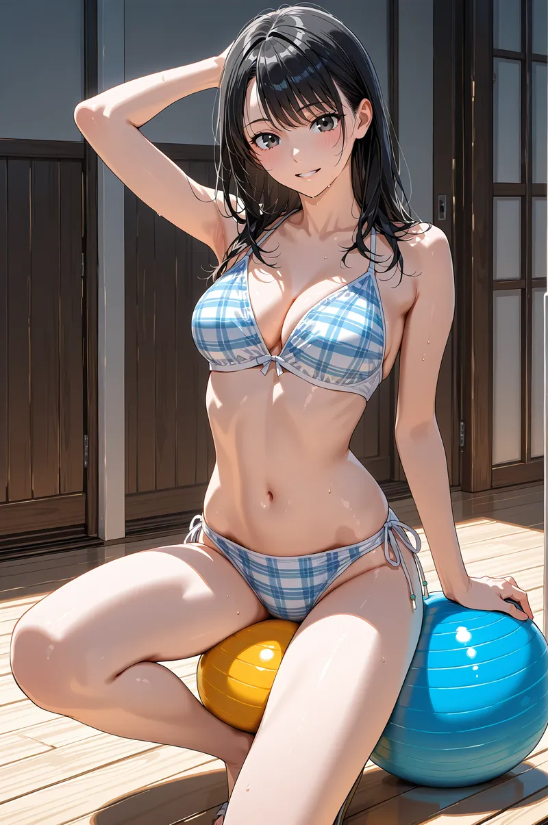 青白いチェック模様の水着を身に纏った美少女が、モダンな室内でポーズを取るグラビアショット。自然光が降り注ぐ空間で、爽やかな表情と優雅な仕草が印象的です。