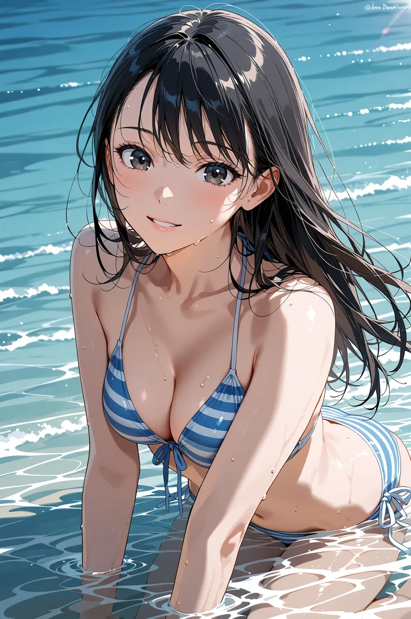 黒髪に前髪がかかった優しい表情の美少女が、きらめく海の中で青白のストライプ柄水着姿で微笑んでいます。背景の波と光の反射が爽やかな夏の雰囲気を演出するアニメ調イラストです。