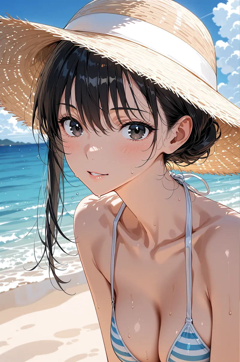 澄んだ青い海を背景に、麦わら帽子を被った黒髪の少女が爽やかな笑顔を浮かべています。白い砂浜と青い空の中で、夏らしい水着姿が印象的なアニメ調イラストです。