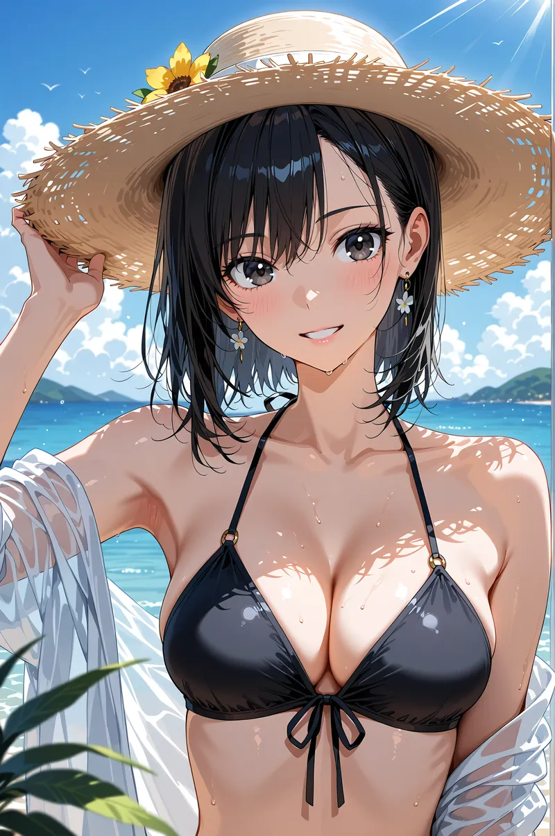 黒髪の美少女が麦わら帽子をかぶり、爽やかな笑顔で海を背景に立つイラスト。花飾りの帽子と白いシャツが夏らしく、透き通った青い空と穏やかな波がリゾート気分を演出します。