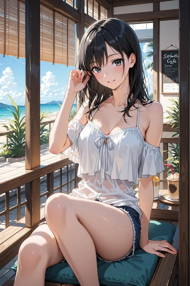 白いオフショルダーのトップスに身を包んだ黒髪の美少女が、海が見えるカフェのテラス席で優しい笑顔を浮かべています。木製の建具と透き通った海、南国の植物に囲まれた爽やかなポートレート作品です。