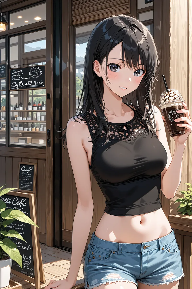 黒髪のセミロングヘアに優しい瞳の美少女が、カフェ前で冷たい飲み物を片手に爽やかに微笑んでいます。黒いトップスと青いショートパンツの涼しげなファッションで、明るい日中の光が優雅に照らす一枚です。