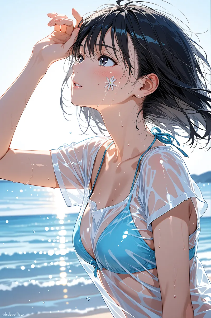 青い海を背景に、白いシャツを羽織った黒髪の女の子が上向きのまなざしで髪に手を添えています。頬に描かれた花のような装飾と、透き通るような肌の質感が印象的なアニメ調イラストです。