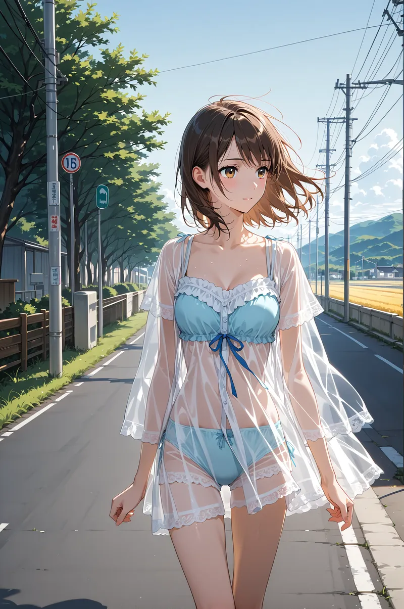 青空が広がる田舎の街道で、淡いブルーの衣装に白いシアーガウンを羽織った少女が立っています。背景には緑の並木道と遠くの山々が見え、穏やかで清潔感のある夏の情景です。