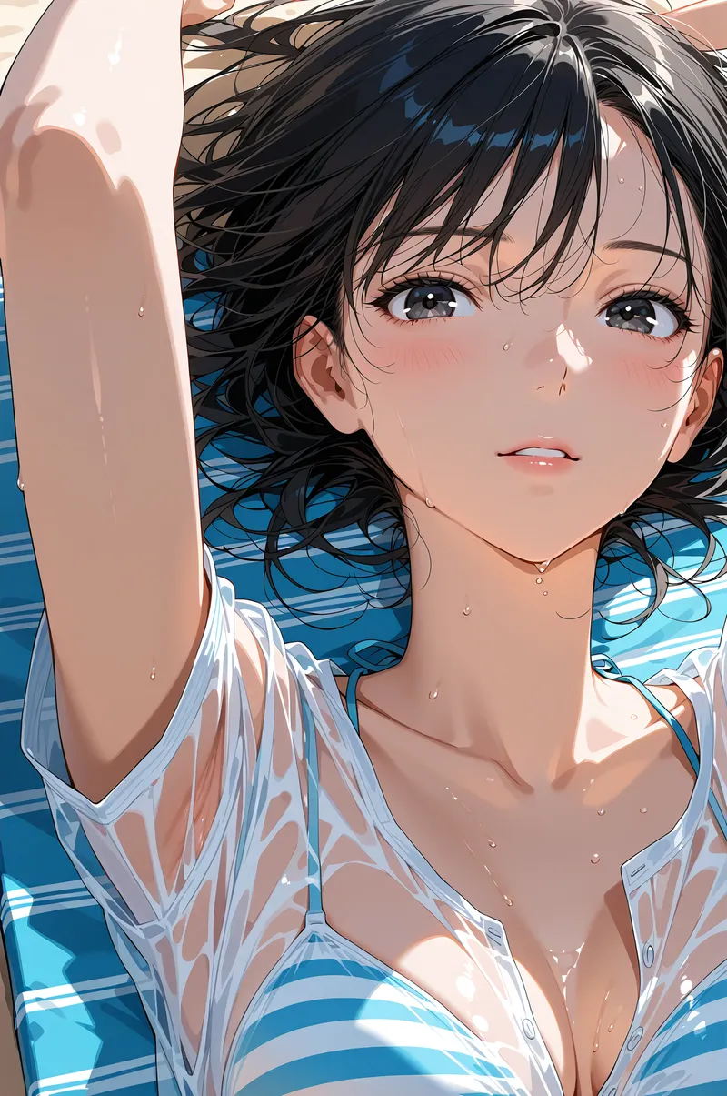 黒髪をなびかせ、明るい表情で上を見つめる美少女のアニメ調イラストです。爽やかな水色のボーダー柄の服装と海のような背景が、夏の開放的な雰囲気を演出しています。