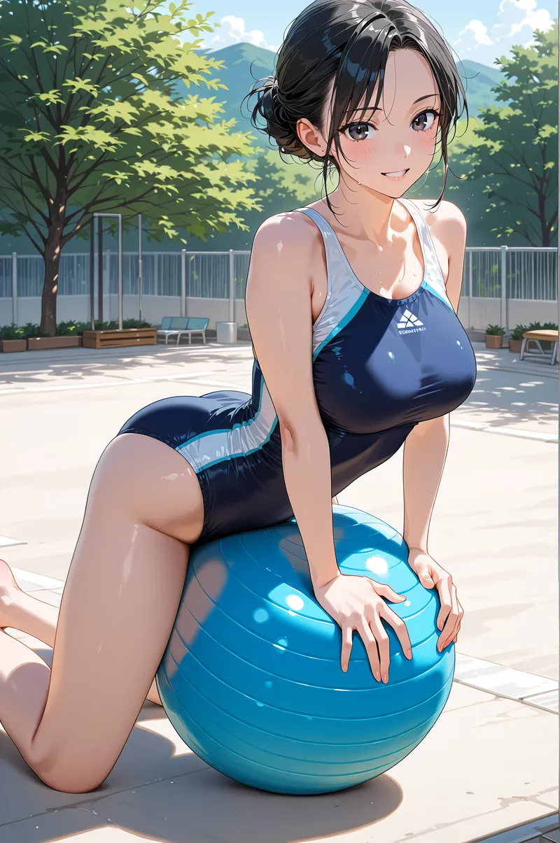山々を背景にした開放的なテラスで、紺色のスポーツウェアを着た黒髪の少女が爽やかな笑顔を浮かべています。青いフィットネスボールを優しく抱え、陽光が心地よく降り注ぐ屋外の景色が引き立つアニメ調イラストです。