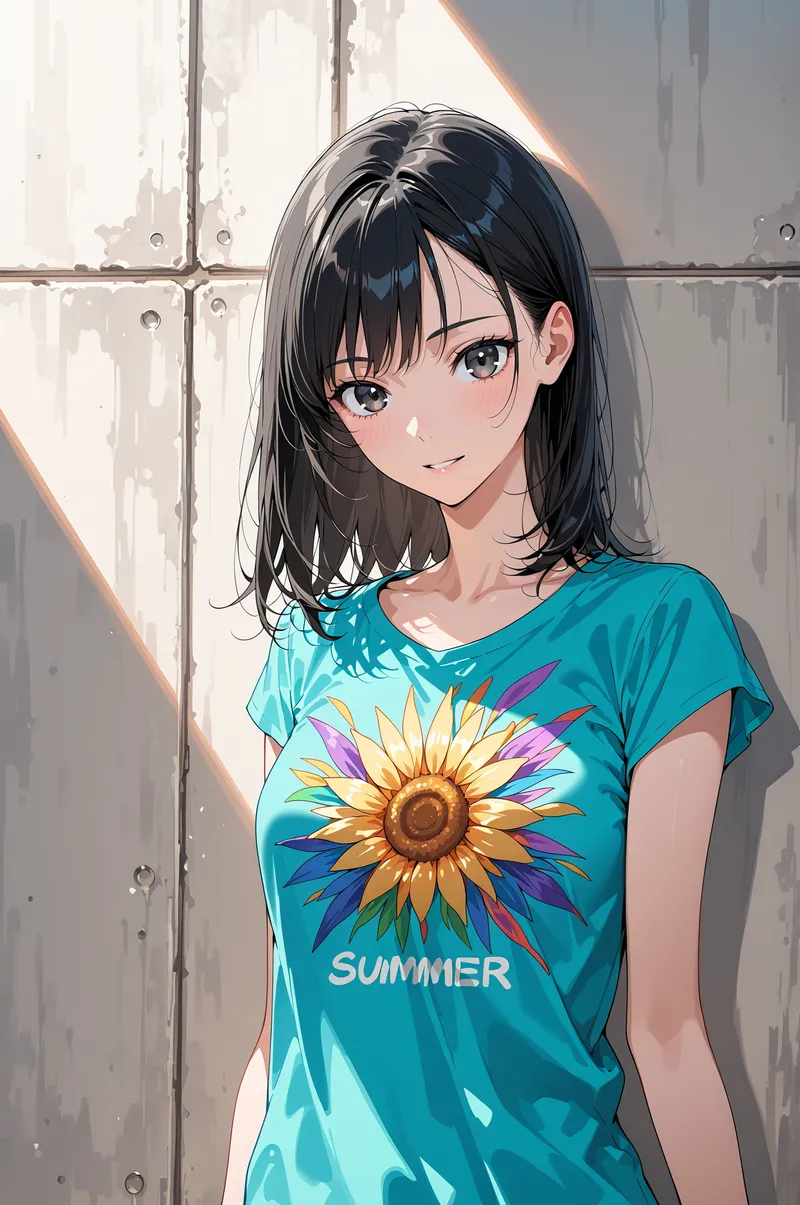 ターコイズブルーのTシャツに鮮やかな向日葵が描かれた、柔らかな笑顔の美少女アニメ調イラスト。窓からの自然光が頬に優しく当たり、整理された背景とのコントラストが引き立つ夏らしい一枚です。