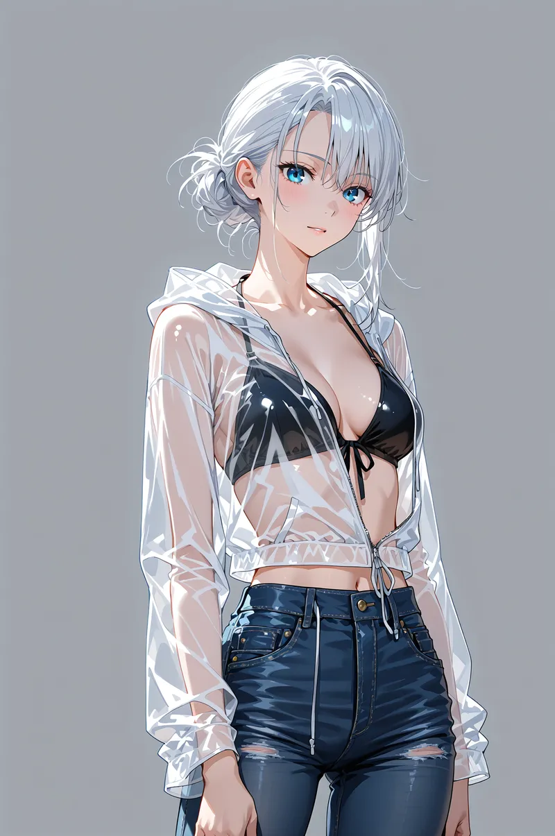 銀髪をまとめた透き通るような透明ジャケット姿の女性が、穏やかな笑顔で斜め向きのポーズを決めています。紺デニムとのコントラストが映える、爽やかなアニメ調イラストです。