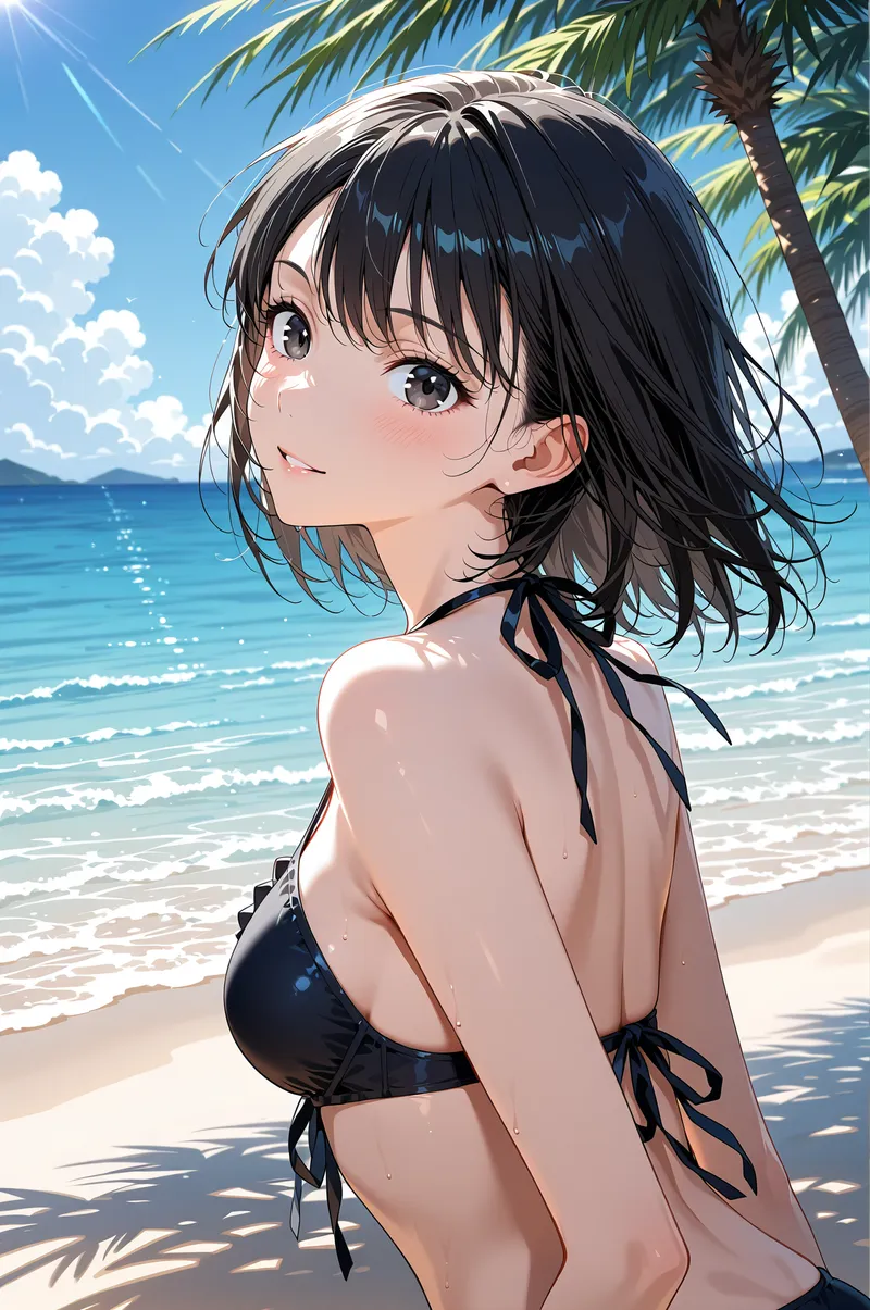 青く澄んだ空と輝く海を背景に、黒髪がなびく美少女が微笑む夏のアニメ調イラスト。やさしい表情と爽やかな海辺の風景が調和した、明るく爽快感あふれる作品です。