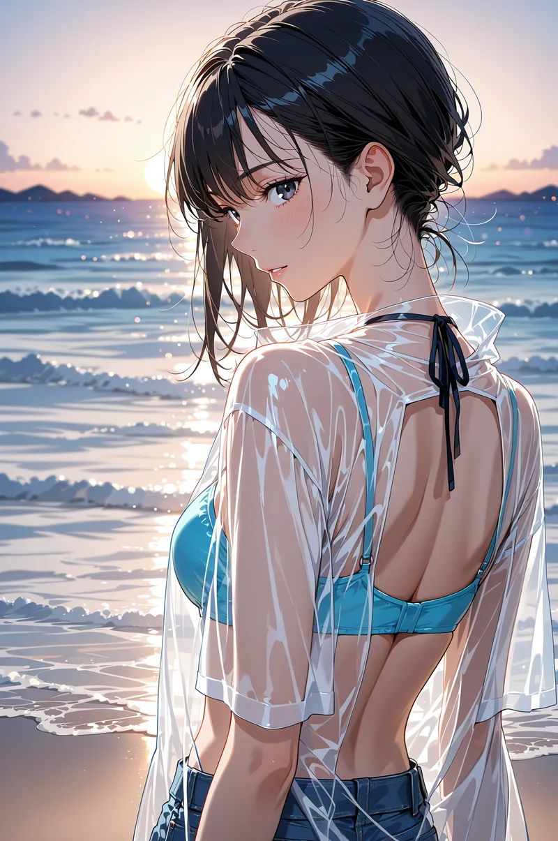 黒髪をまとめた美少女が夕焼け染まるビーチで振り返る瞬間。透明感のある白いシャツと青いビキニトップの組み合わせが、光の中で柔らかく輝いています。海と空のグラデーションが背景を彩るアニメ調イラストです。