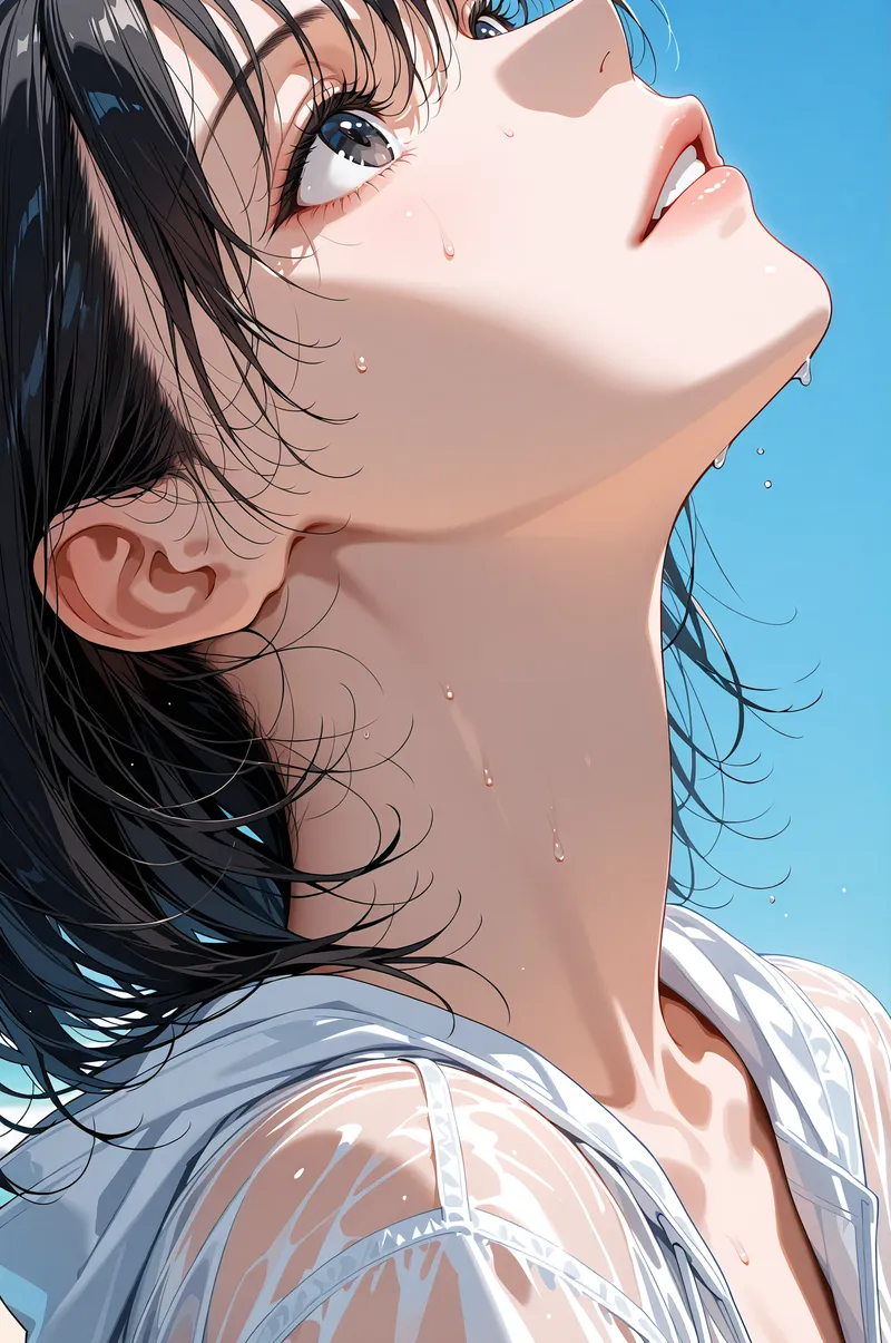 青空を背景に、黒髪をなびかせた美少女のポートレートイラストです。白いシャツに身を包み、爽やかな笑顔を浮かべる愛らしいアニメ調の表現が印象的です。
