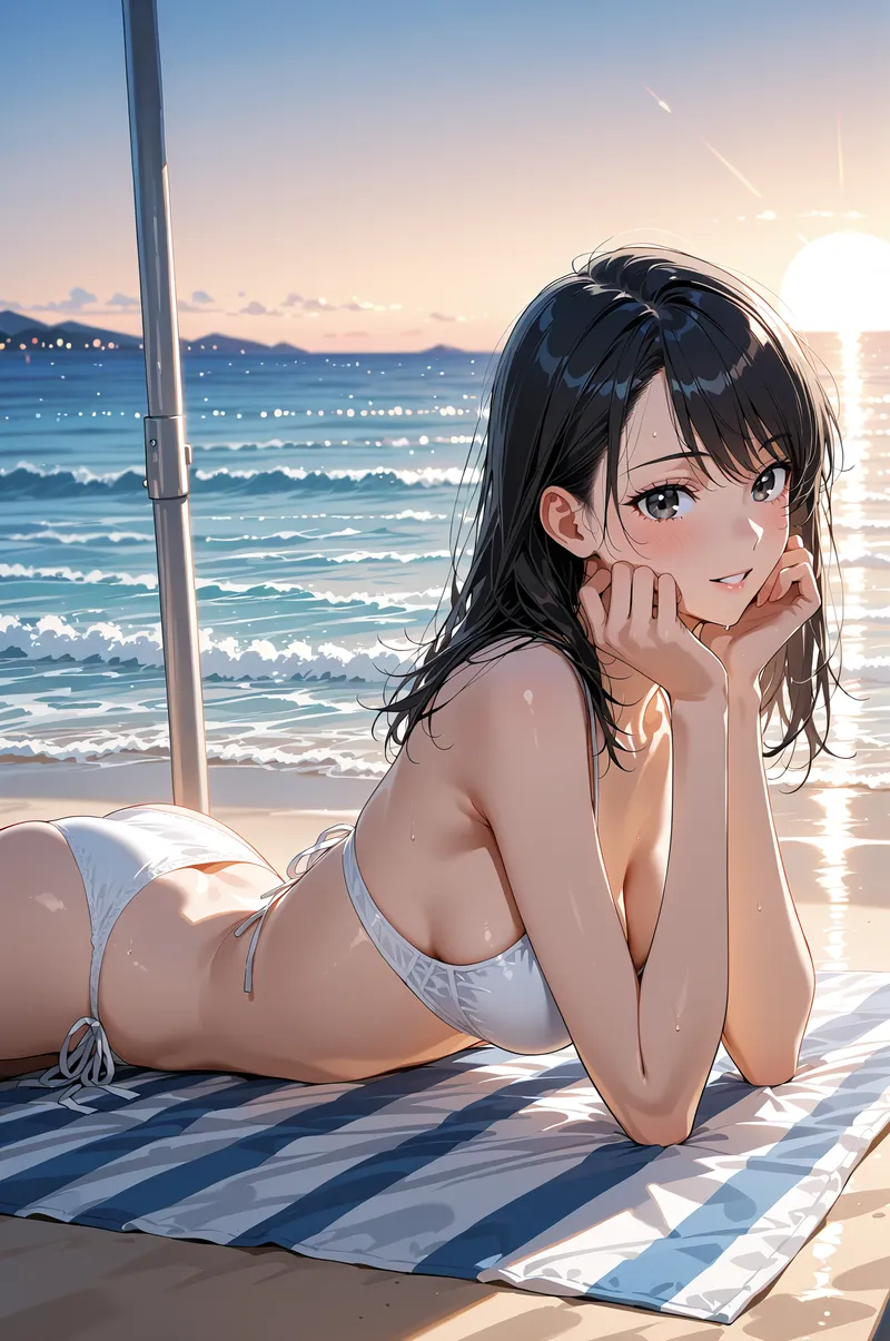 紺色の髪をなびかせながら、夕焼けに染まるビーチで笑顔を浮かべる美少女。背景には波打つ海と遠く霞む山々が映り込み、爽やかで柔らかな光の中の一枚です。