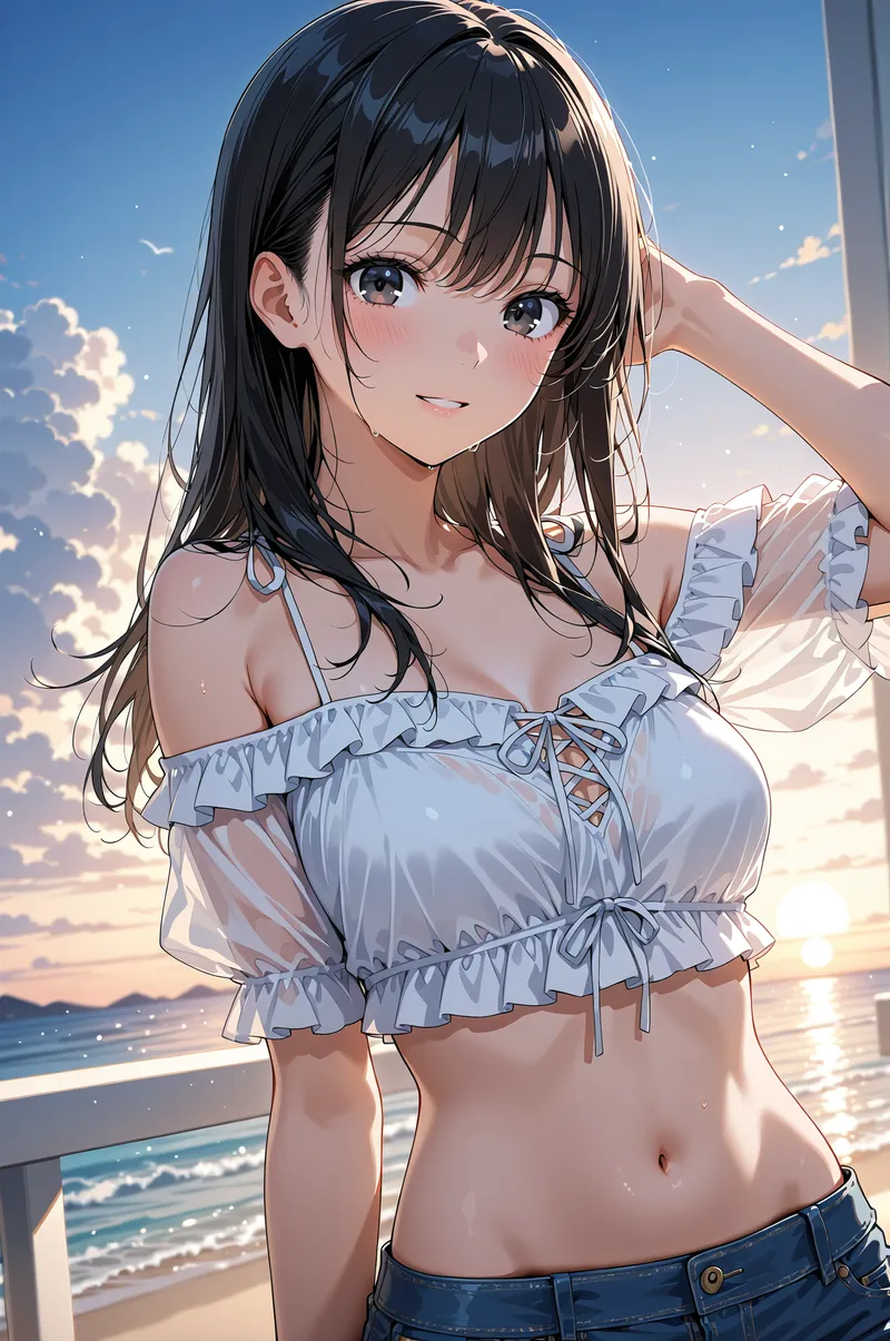 海と空の広がる屋外で、黒髪にフリル装飾の爽やかなトップスを身に纏った少女が微笑む。夏の清涼感あふれるアニメ調イラストです。