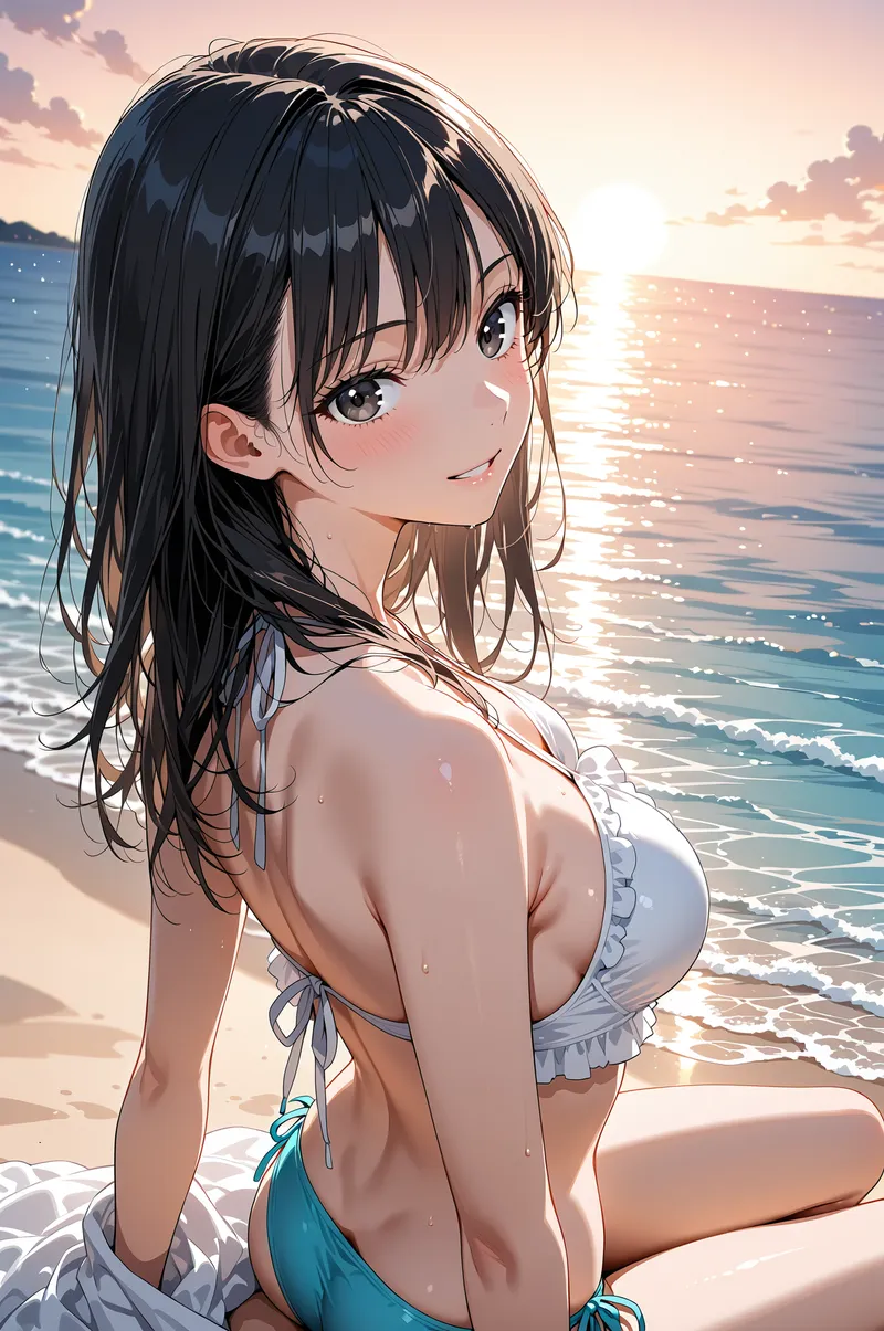 黒髪を優しく揺らす浜辺で、夕日に照らされた海を背景に微笑む少女のポートレート。金色に輝く波と空の情景が、清涼感あふれるアニメ調イラストです。