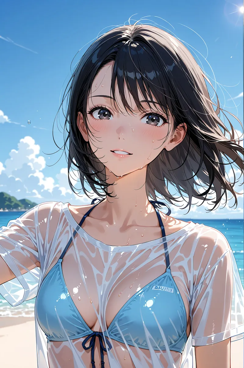 青空と海を背景に、黒髪がなびく清楚な表情のアニメ調ポートレートです。白いシャツを羽織った爽やかな雰囲気で、屋外の光と影が柔らかく描かれています。