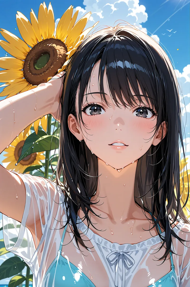 青空と白い雲が映える屋外で、黒髪ロングの少女がひまわりを優しく抱く清爽なポートレートです。柔らかな光に包まれた笑顔と、淡色の着衣が春の穏やかな雰囲気を引き立てています。