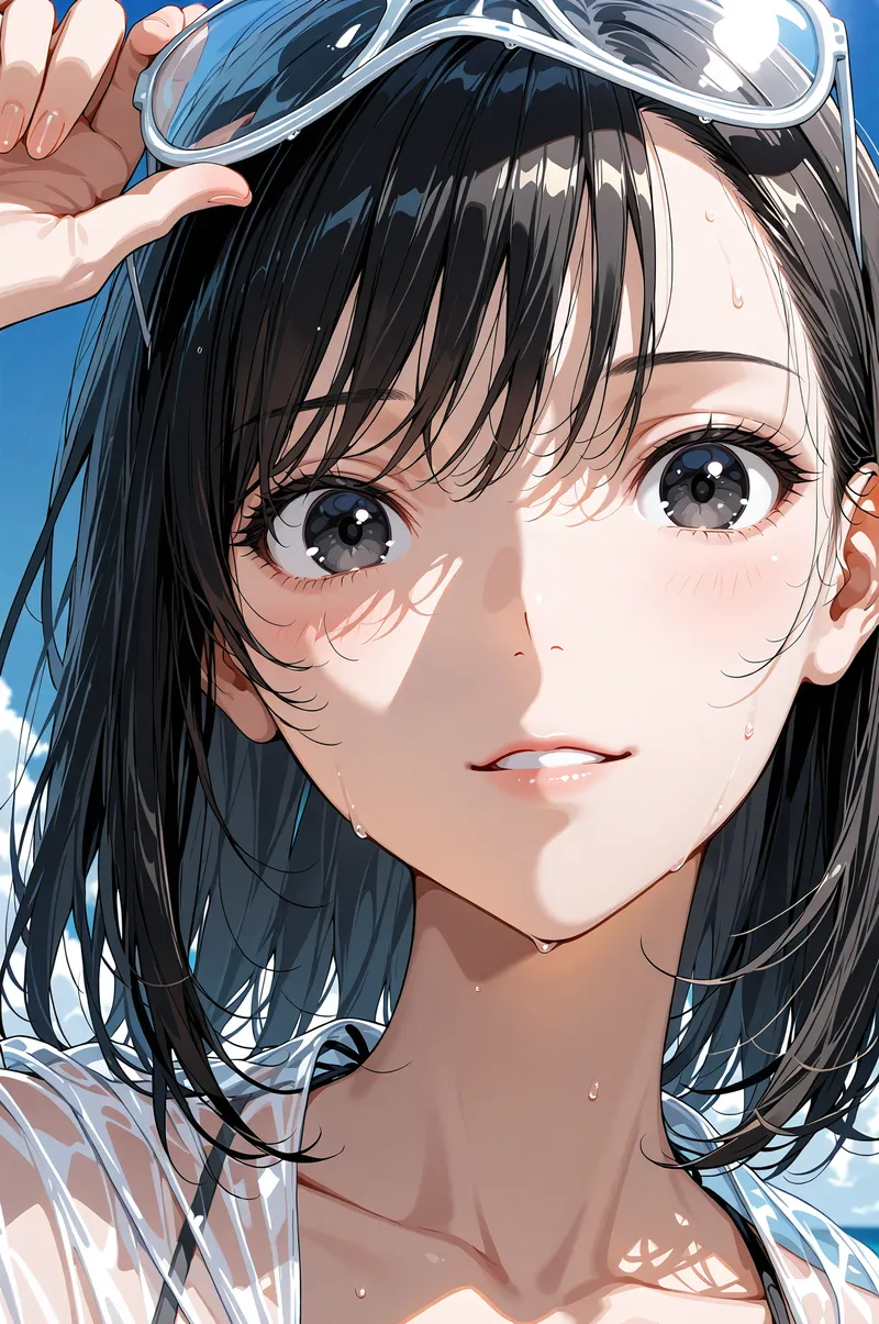 黒く艶やかな短髪にバングスがかかった美少女が、爽やかな笑顔で正面を見つめるアニメ調イラストです。透明感のある肌と大きく瞳らめく瞳、青く晴れた背景とサングラスのコントラストが印象的な一枚です。