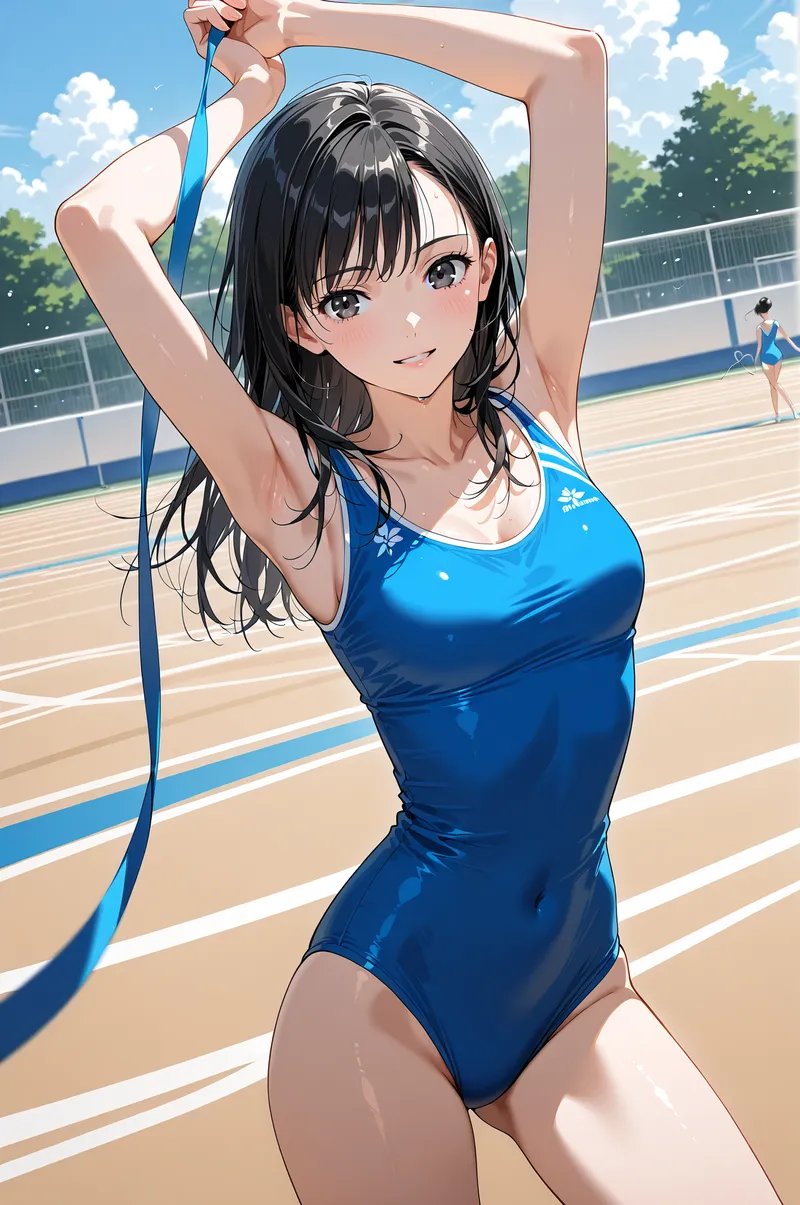 テニスコート前の爽やかな青空の下、黒髪を束ねた少女が青いスポーツウェア姿で笑顔を見せるアニメ調イラスト。晴れた屋外で爽やかな雰囲気が表現されています。