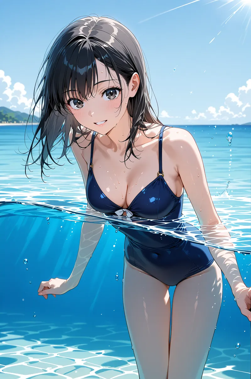 透き通った海と青空を背景に、紺色の水着姿で微笑む黒髪の美少女。水しぶきが輝く爽やかな夏の海での一コマを描いたアニメ調イラストです。