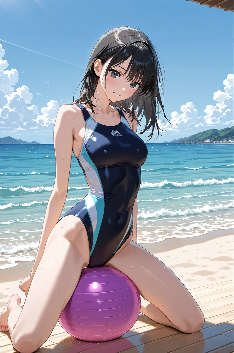 紺色のスポーツウェアに身を包んだ黒髪の美少女が、青く澄んだ海と白い雲が広がる浜辺で、爽やかな笑顔を浮かべています。夏の日中の光が心地よく照らす屋外ポートレート。