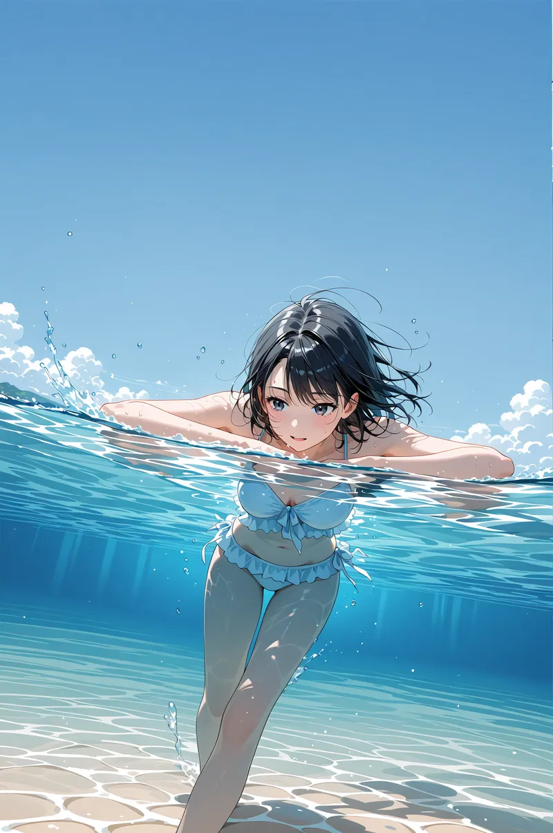 透き通った海水の中で微笑む黒髪の少女を描いたイラスト。清涼感あふれる青い水と白い雲、砂浜が背景の爽やかな構図で、水面の光の反射が印象的な作品です。