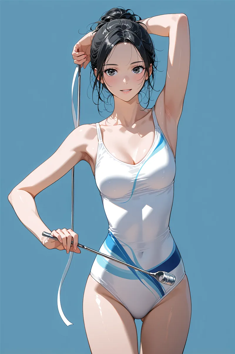 黒髪をアップスタイルにまとめた美少女が、白と青のシンプルな水着でアートモデルのポーズを取るグラビアイラスト。爽やかな青い背景を基調に、柔らかい光と陰影で描かれた洗練されたアニメ調の作品です。