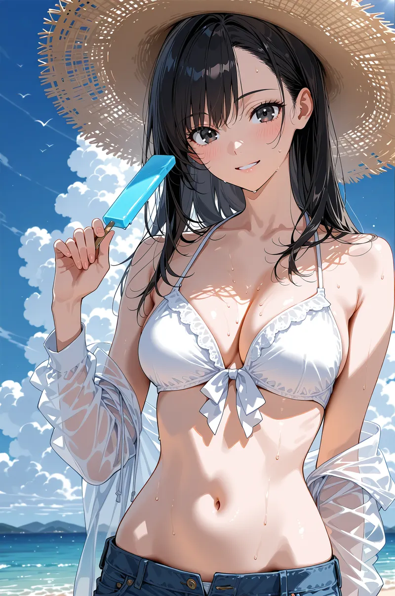 青空と雲が映える海辺で、大きな麦わら帽子をかぶった黒髪の少女がアイスキャンディーを手にした爽やかなポートレート。白いシャツを羽織り、透き通るような肌に水滴が輝く夏らしい一枚です。
