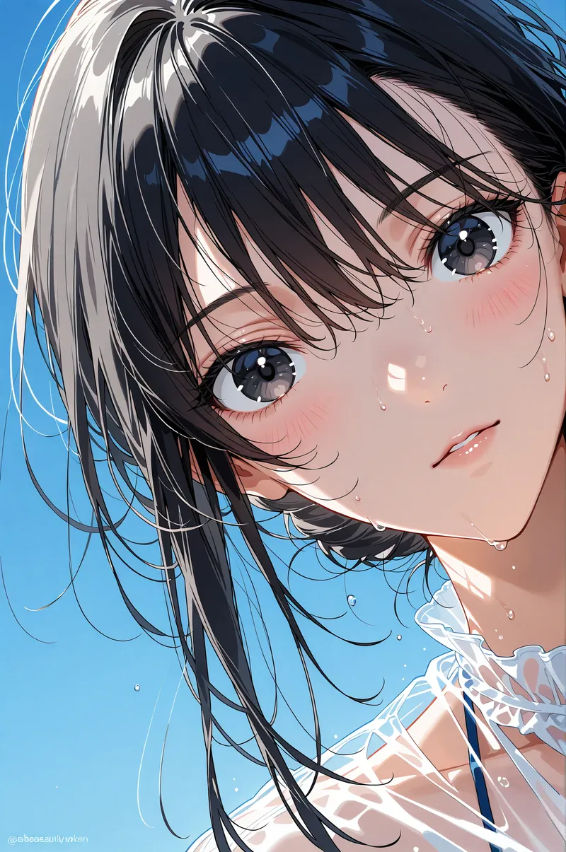 黒髪に白いハイライトが映える美少女が、青い背景に浮かぶ。大きな瞳に涙を宿し、透明感のあるアニメ調のイラスト。繊細な線描と優しい色合いで描かれた、儚げで印象的な一枚です。