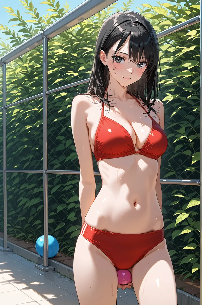 明るい日差しが注ぐテラスで、黒髪の美少女がカジュアルなポートレート姿勢を取っています。生い茂る緑の植物と金属フレームの建築に囲まれた、爽やかな夏の屋外シーン。