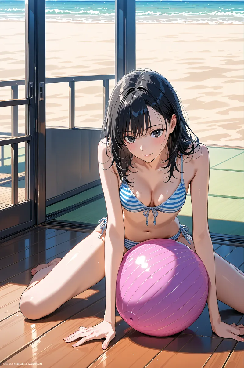 青い海を背景にした海辺のテラスで、ボールを抱えて座る黒髪の少女。爽やかなボーダーの水着姿で、柔らかい日差しに包まれた穏やかな表情が魅力的なアニメ調イラストです。