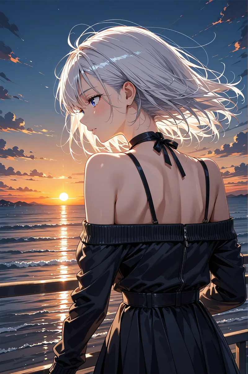 黄金色に染まる海を背景に、しなやかに流れる銀髪と黒いオフショルダーワンピースを纏った美少女が横顔で佇む。夕日の光に優しく照らされた、清潔感あふれるアニメ調イラストです。