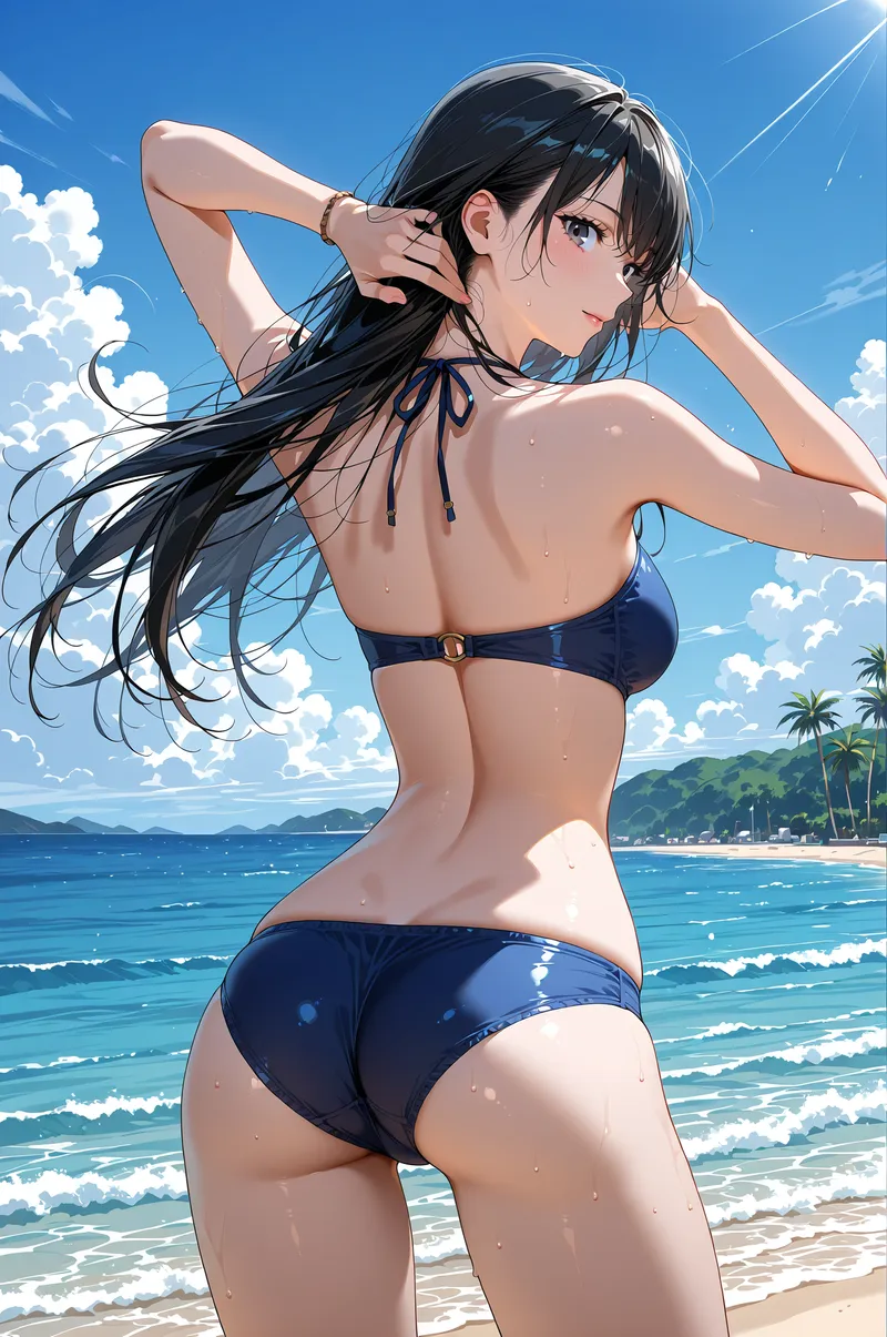 黒髪をなびかせ、青い海と空を背景に佇む女性のアニメ調イラスト。紺色の水着とヘアアクセサリーが涼やかで、夏らしい開放的な雰囲気が印象的です。