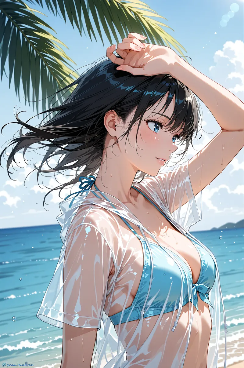 青い海と空を背景に、黒髪を優雅になびかせながら微笑む少女のアニメ調イラストです。透明感のある白いシャツと爽やかな表情が、夏の日中の開放的な雰囲気を引き出しています。