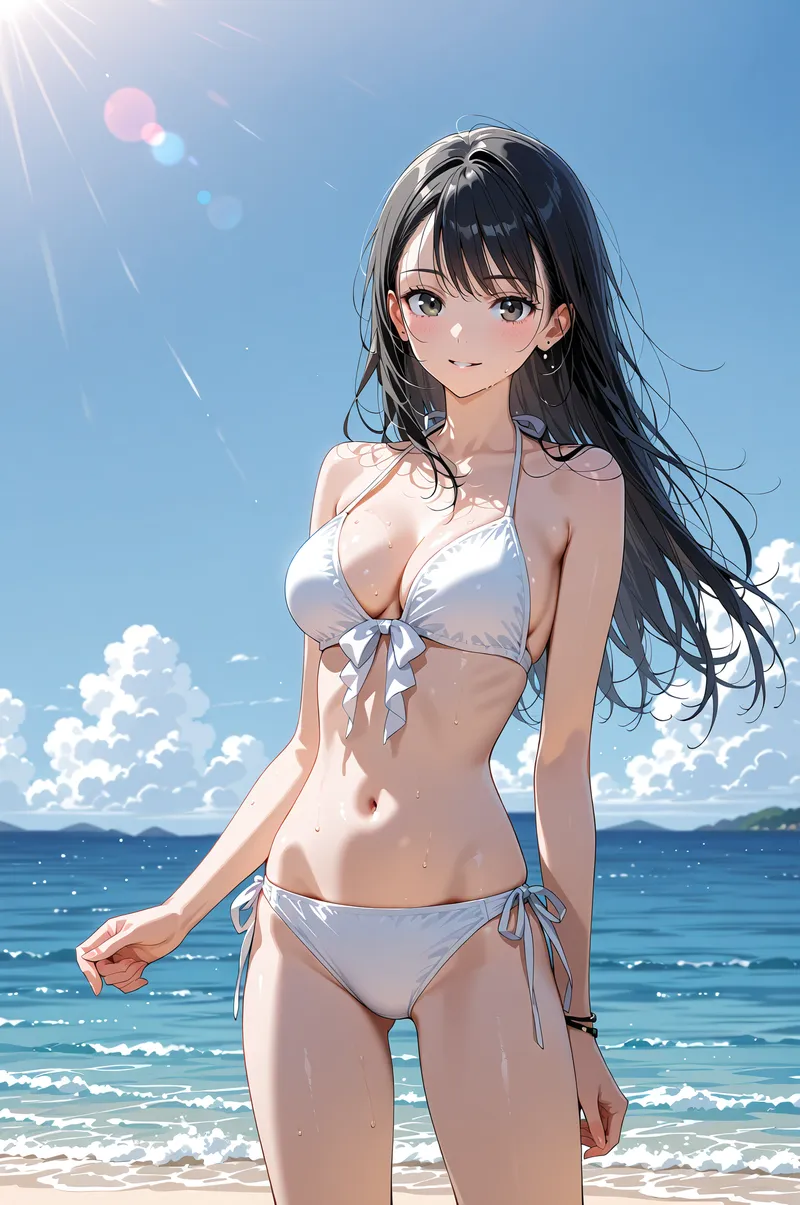 澄み渡った青空と波打つ海を背景に、白いビキニ姿でポーズをとる黒髪の美少女です。爽やかな表情と優雅な構図が印象的なAI生成のサマーイラストになります。