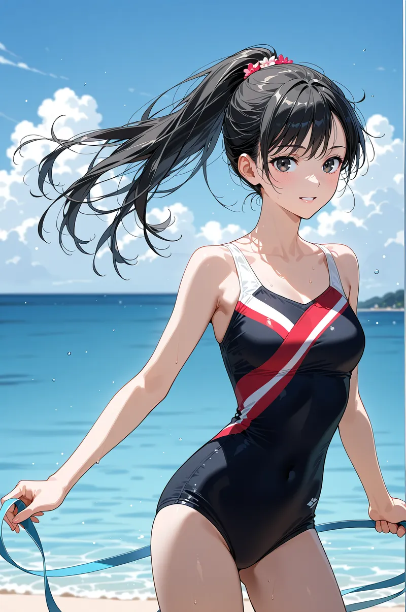 清々しい海を背景に、黒髪をなびかせた少女が爽やかな笑顔を浮かべています。紅白のスポーティなトップスと青いリボンで、昼間の屋外ポートレート作品です。
