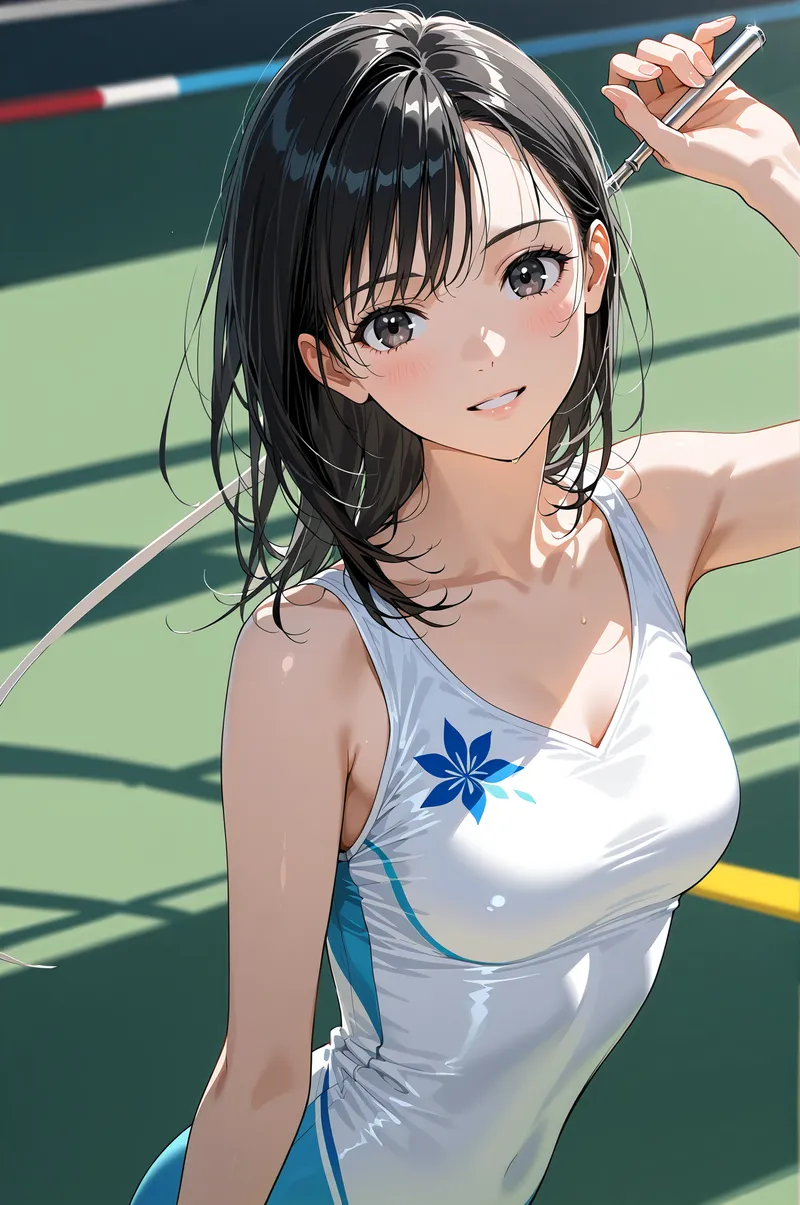 テニスコートで爽やかな笑顔を見せる黒髪セミロングの少女。白いノースリーブトップスに青い花柄が映える、スポーティかつ可愛らしいアニメ調イラストです。