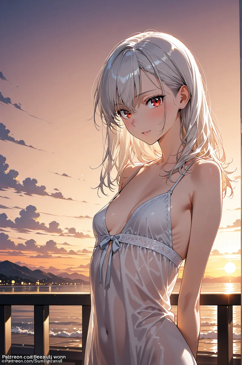 黄金色に染まった夕焼けを背景に、白いワンピースを着た銀髪の女性が穏やかな微笑みを浮かべています。海辺の展望台から眺める落日の景色と、彼女の柔らかな表情が調和した一枚です。