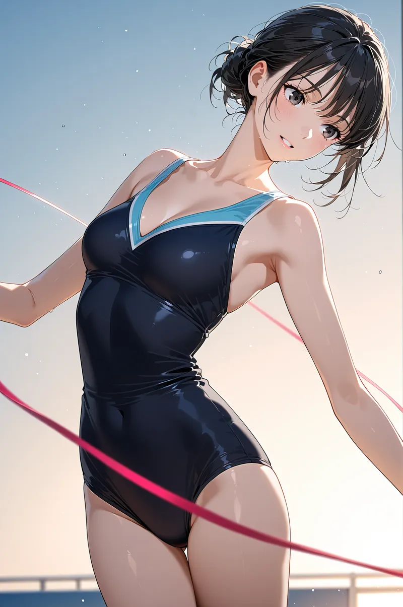 黒髪をまとめた爽やかな表情の少女が、紺色と水色のスポーツウェアを着用してポーズを取っています。光線の背景に浮かぶ優雅な姿勢が印象的な、アニメ調の美少女イラストです。