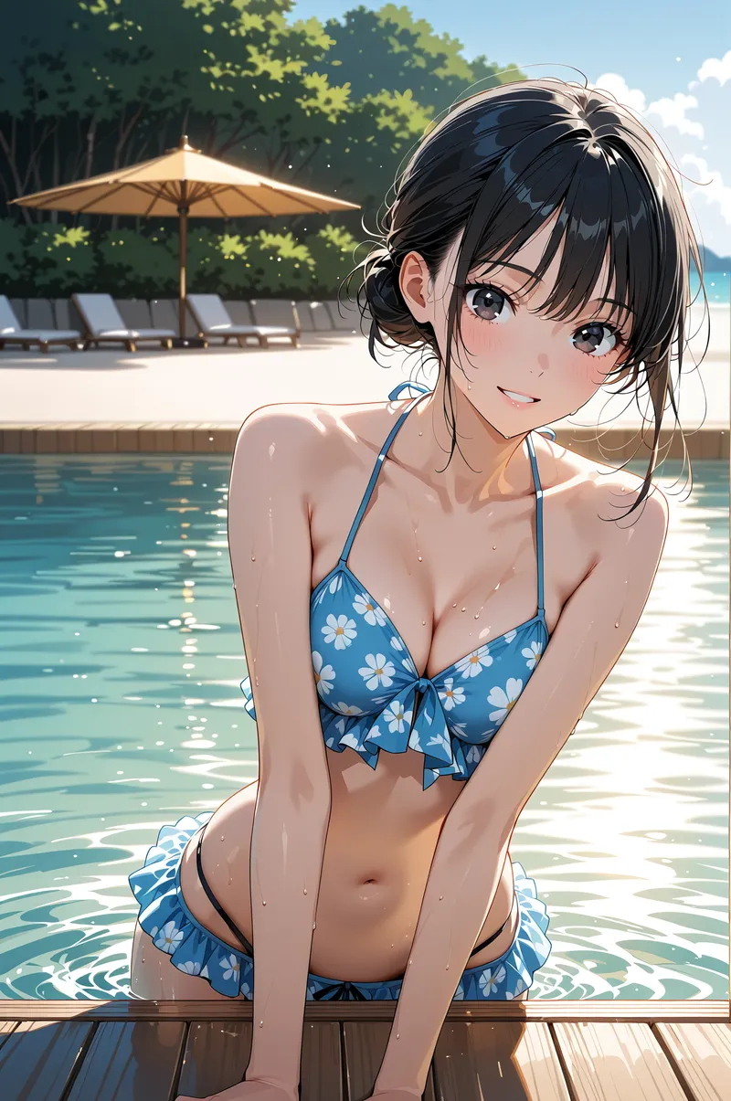 青い花柄の水着を身に纏った女の子がプールのほとりに座り、爽やかな笑顔を見せています。清潔感のあるアニメ調のイラストで、晴れた夏の日差しが水面に反射する開放的なリゾート空間が描かれています。
